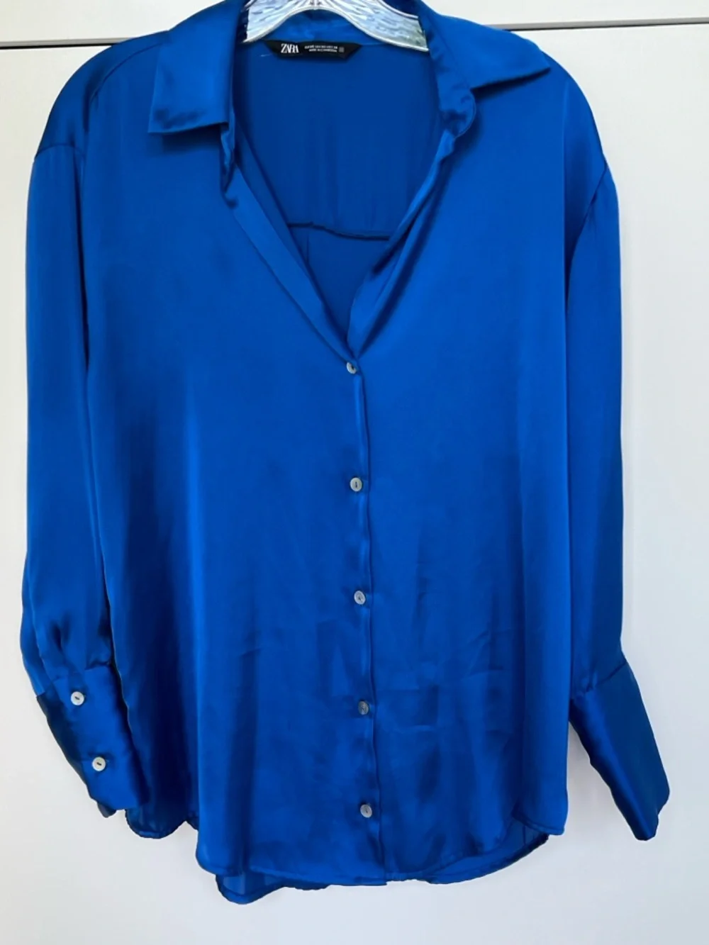 Zara Cobalt Blue Satin Button-Down Shirt - Picture 2 of 5